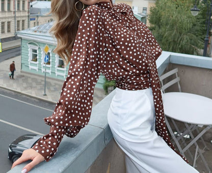 Dotted Tie-Neck Long-Sleeve Blouse