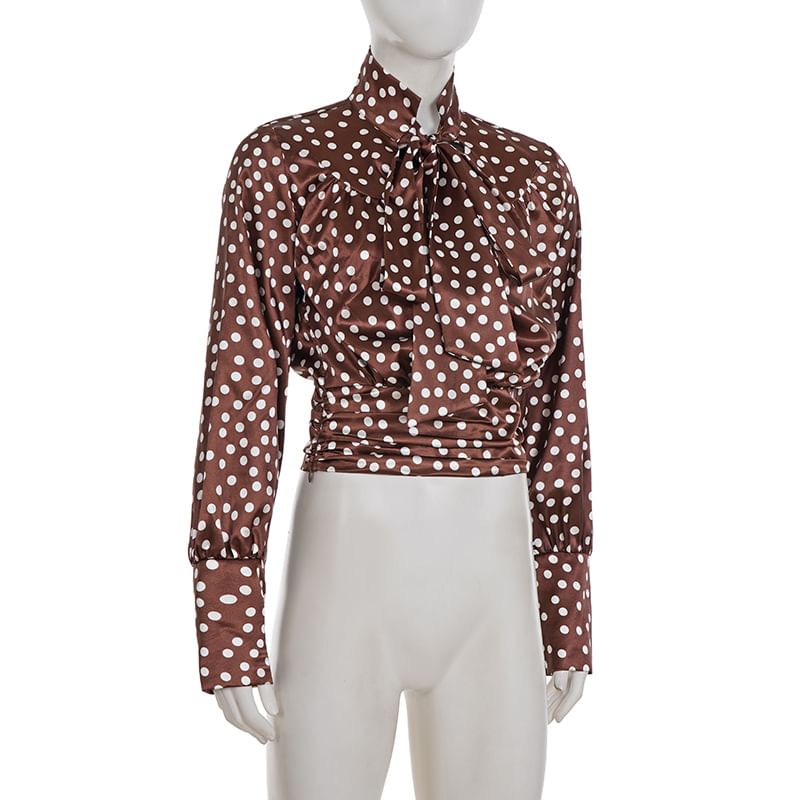 Dotted Tie-Neck Long-Sleeve Blouse