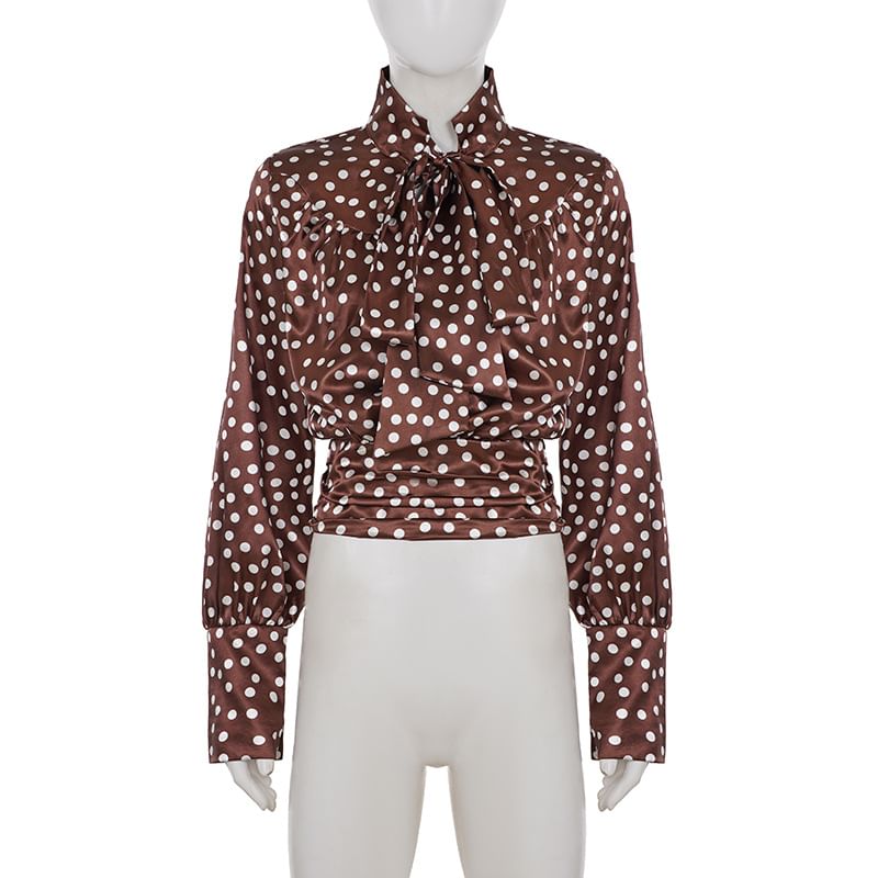 Dotted Tie-Neck Long-Sleeve Blouse