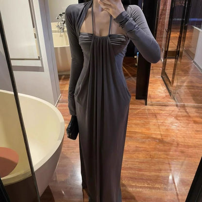 Halter Neck Plain Ruched Open Back Maxi Sheath Dress