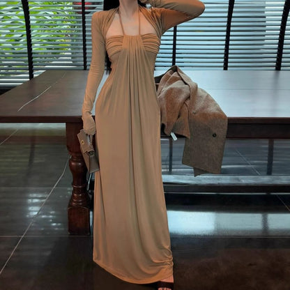 Halter Neck Plain Ruched Open Back Maxi Sheath Dress