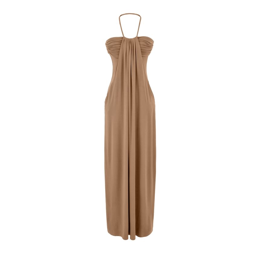 Halter Neck Plain Ruched Open Back Maxi Sheath Dress