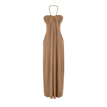 Halter Neck Plain Ruched Open Back Maxi Sheath Dress
