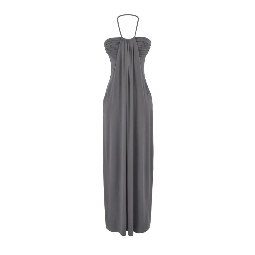 Halter Neck Plain Ruched Open Back Maxi Sheath Dress