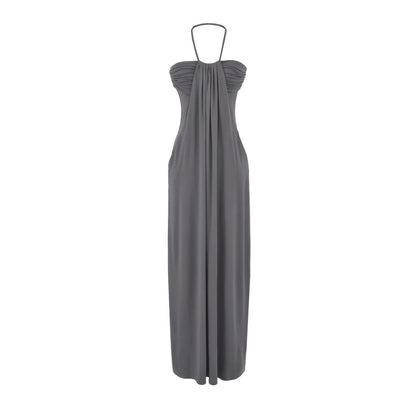 Halter Neck Plain Ruched Open Back Maxi Sheath Dress