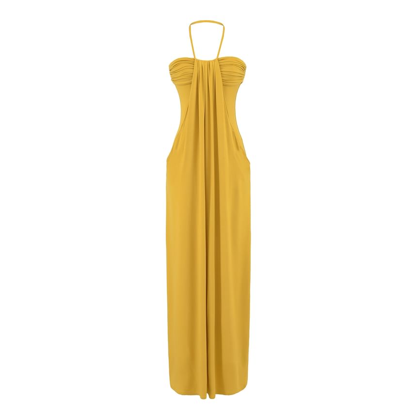 Halter Neck Plain Ruched Open Back Maxi Sheath Dress