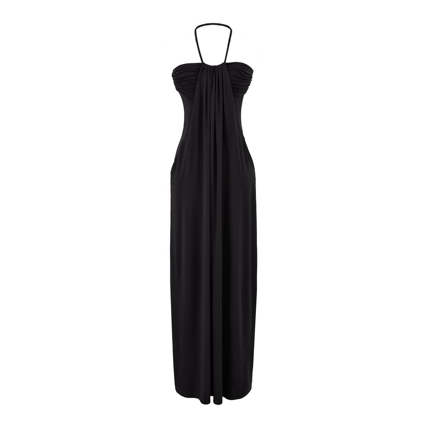 Halter Neck Plain Ruched Open Back Maxi Sheath Dress