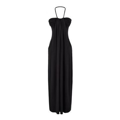 Halter Neck Plain Ruched Open Back Maxi Sheath Dress
