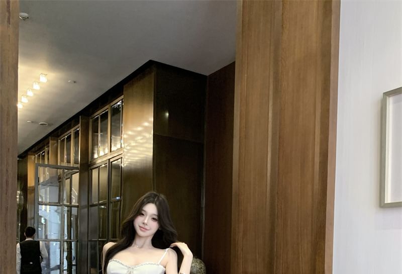 Spaghetti Strap Plain Rhinestone Ruched Panel Lace Sheath Evening Dress