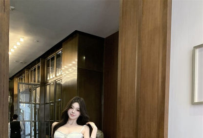 Spaghetti Strap Plain Rhinestone Ruched Panel Lace Sheath Evening Dress