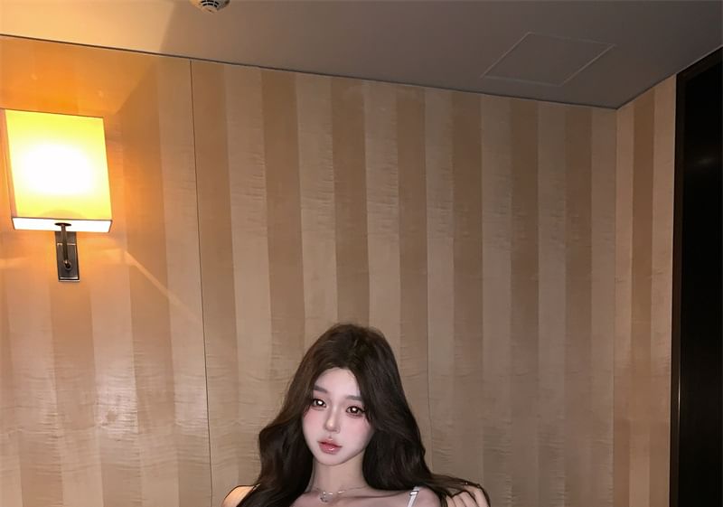 Spaghetti Strap Plain Rhinestone Ruched Panel Lace Sheath Evening Dress