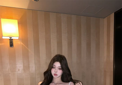 Spaghetti Strap Plain Rhinestone Ruched Panel Lace Sheath Evening Dress