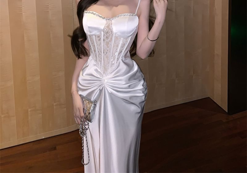 Spaghetti Strap Plain Rhinestone Ruched Panel Lace Sheath Evening Dress