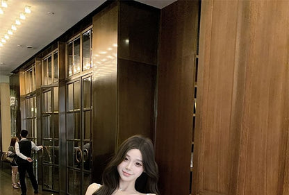 Spaghetti Strap Plain Rhinestone Ruched Panel Lace Sheath Evening Dress