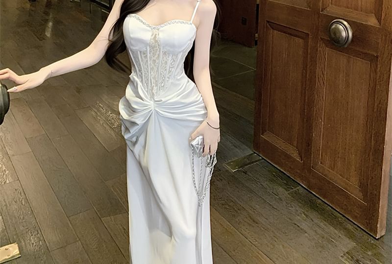 Spaghetti Strap Plain Rhinestone Ruched Panel Lace Sheath Evening Dress