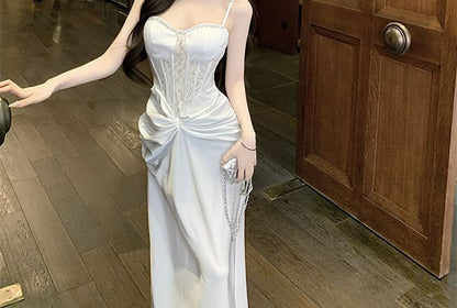 Spaghetti Strap Plain Rhinestone Ruched Panel Lace Sheath Evening Dress