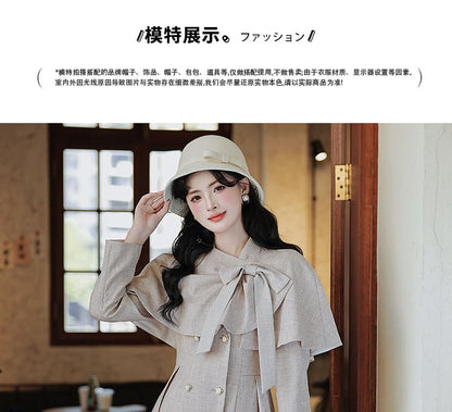 Lapel Collar Frill Trim Double-Breasted Midi A-Line Coat Dress / Bow Capelet / Set