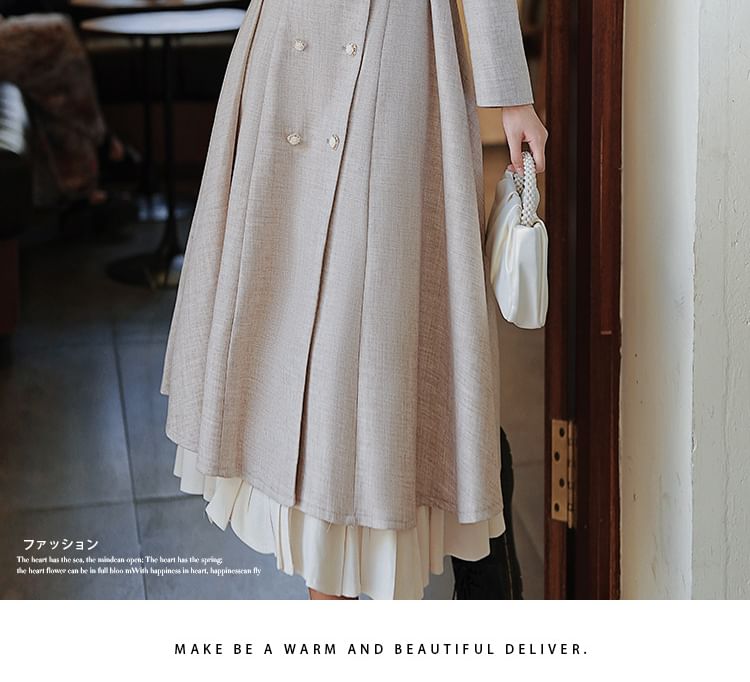 Lapel Collar Frill Trim Double-Breasted Midi A-Line Coat Dress / Bow Capelet / Set