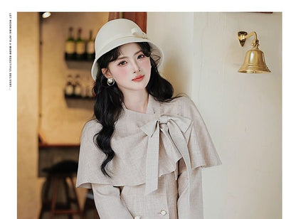 Lapel Collar Frill Trim Double-Breasted Midi A-Line Coat Dress / Bow Capelet / Set