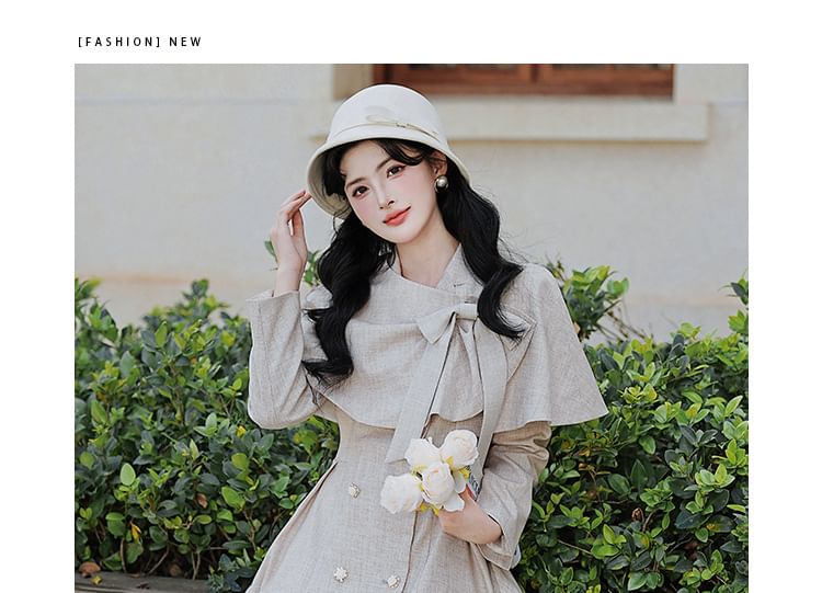 Lapel Collar Frill Trim Double-Breasted Midi A-Line Coat Dress / Bow Capelet / Set