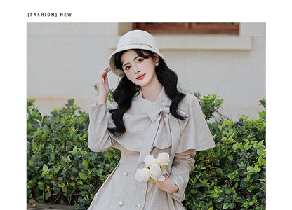 Lapel Collar Frill Trim Double-Breasted Midi A-Line Coat Dress / Bow Capelet / Set