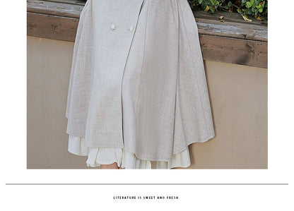 Lapel Collar Frill Trim Double-Breasted Midi A-Line Coat Dress / Bow Capelet / Set