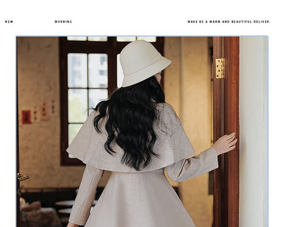 Lapel Collar Frill Trim Double-Breasted Midi A-Line Coat Dress / Bow Capelet / Set