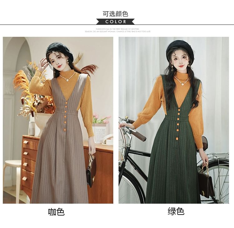 Set: V-Neck Striped Midi A-Line Dungaree Dress + Mock Neck Plain Ribbed Sweater