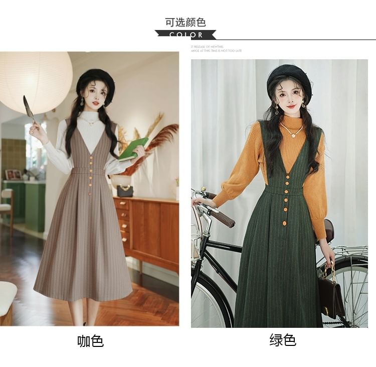 Set: V-Neck Striped Midi A-Line Dungaree Dress + Mock Neck Plain Ribbed Sweater