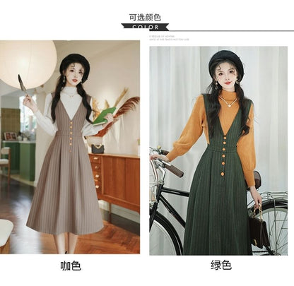 Set: V-Neck Striped Midi A-Line Dungaree Dress + Mock Neck Plain Ribbed Sweater