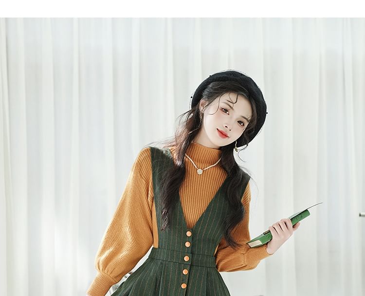 Set: V-Neck Striped Midi A-Line Dungaree Dress + Mock Neck Plain Ribbed Sweater