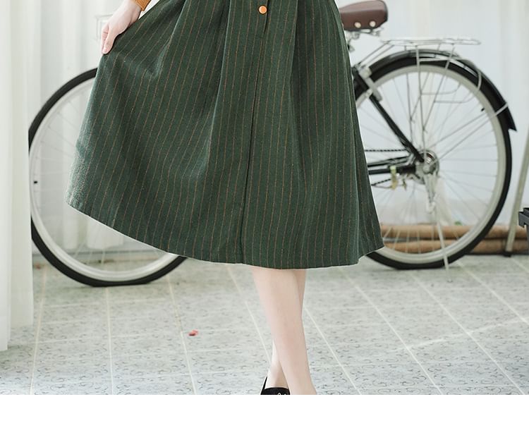 Set: V-Neck Striped Midi A-Line Dungaree Dress + Mock Neck Plain Ribbed Sweater