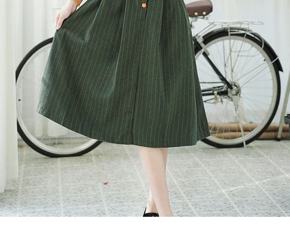 Set: V-Neck Striped Midi A-Line Dungaree Dress + Mock Neck Plain Ribbed Sweater