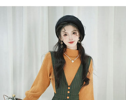 Set: V-Neck Striped Midi A-Line Dungaree Dress + Mock Neck Plain Ribbed Sweater