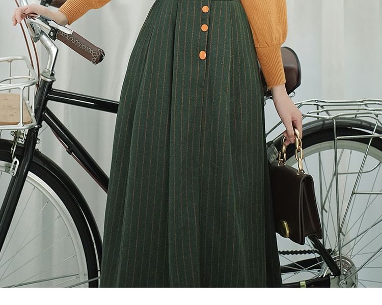 Set: V-Neck Striped Midi A-Line Dungaree Dress + Mock Neck Plain Ribbed Sweater