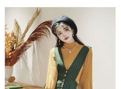 Set: V-Neck Striped Midi A-Line Dungaree Dress + Mock Neck Plain Ribbed Sweater