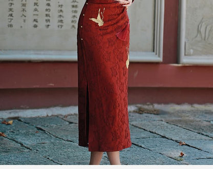 Long-Sleeve Butterfly Jacquard Midi Qipao / Tassel Shawl / Set