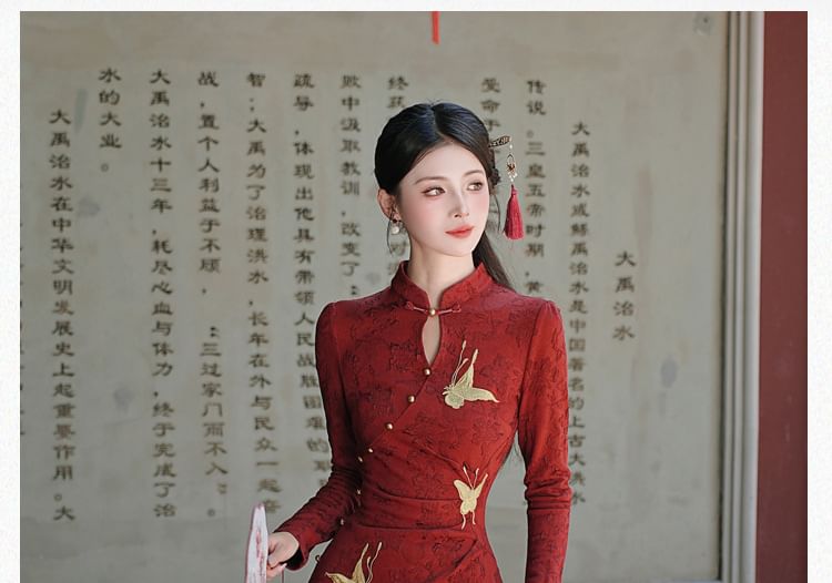 Long-Sleeve Butterfly Jacquard Midi Qipao / Tassel Shawl / Set