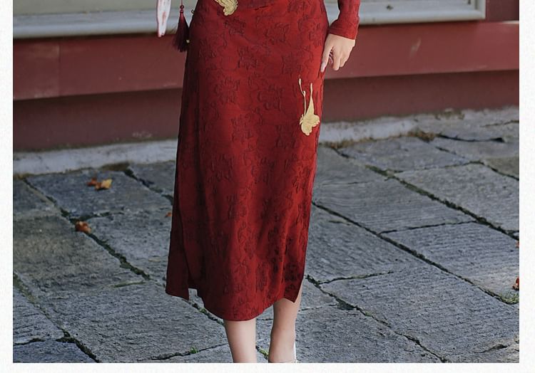 Long-Sleeve Butterfly Jacquard Midi Qipao / Tassel Shawl / Set