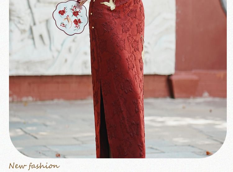 Long-Sleeve Butterfly Jacquard Midi Qipao / Tassel Shawl / Set