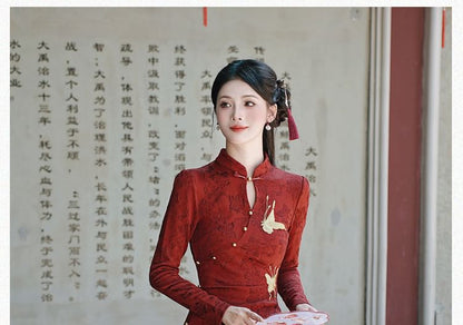 Long-Sleeve Butterfly Jacquard Midi Qipao / Tassel Shawl / Set