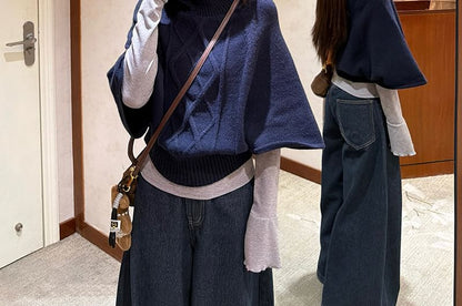 Chic Mock Neck Long-Sleeve Ribbed Tee & Batwing Cable Knit Sweater