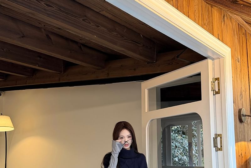 Chic Mock Neck Long-Sleeve Ribbed Tee & Batwing Cable Knit Sweater