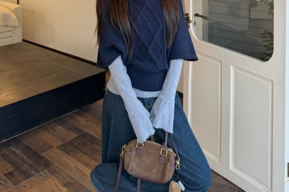 Chic Mock Neck Long-Sleeve Ribbed Tee & Batwing Cable Knit Sweater