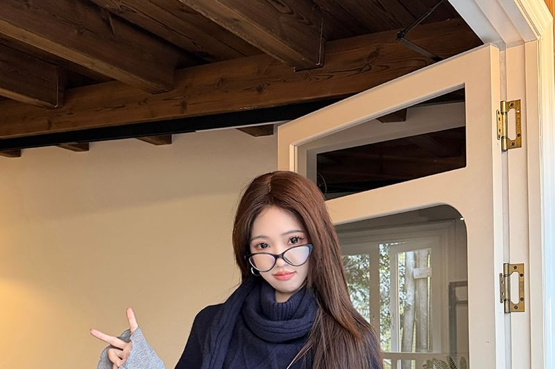 Chic Mock Neck Long-Sleeve Ribbed Tee & Batwing Cable Knit Sweater