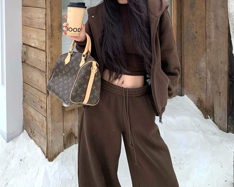 Zip-Up Hoodie with Crop Tee and Wide Leg Sweatpants Set