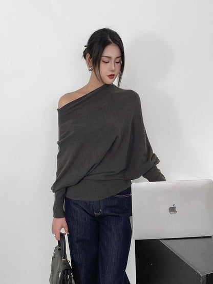 Off-Shoulder Knit Top with Long Sleeves and Solid Design