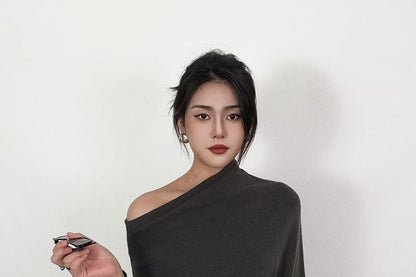 Off-Shoulder Knit Top with Long Sleeves and Solid Design