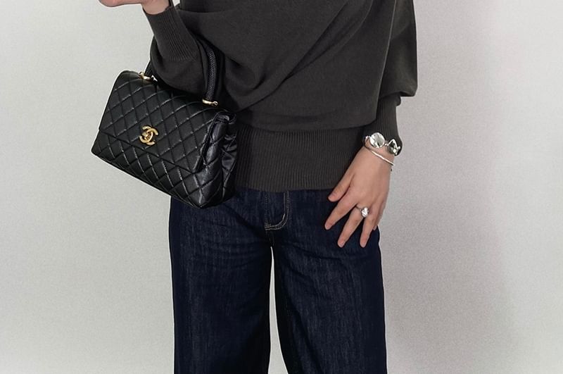 Off-Shoulder Knit Top with Long Sleeves and Solid Design