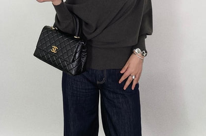 Off-Shoulder Knit Top with Long Sleeves and Solid Design